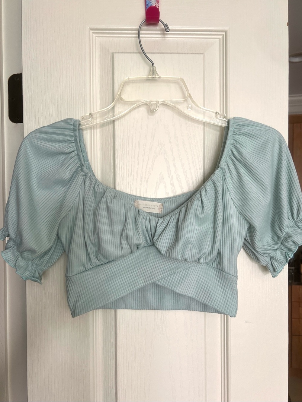 Altar'd State Seafoam Blue Puff-Sleeve Cropped Top